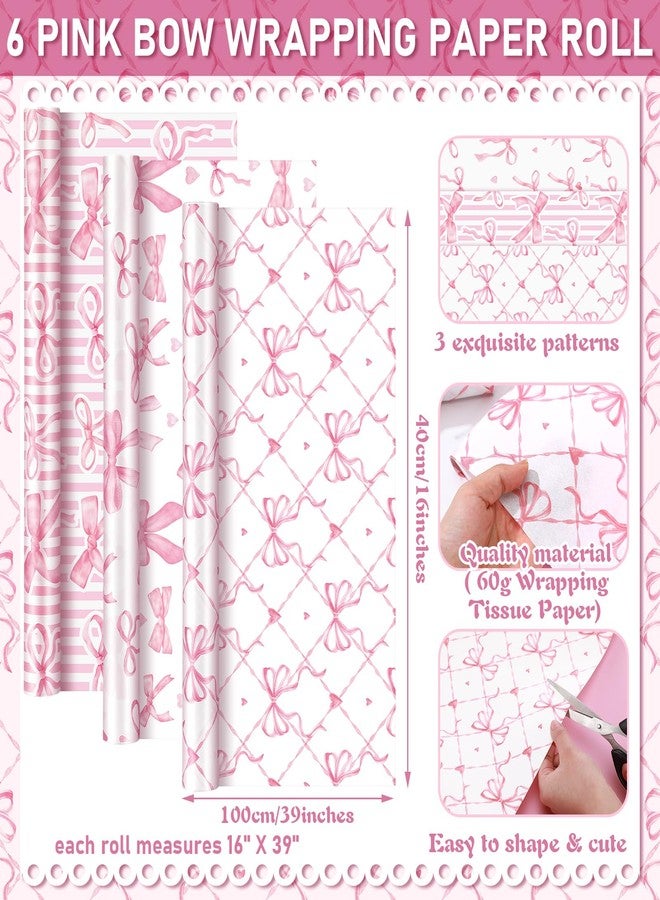 Moinchore 6 Rolls Pink White Bow Wrapping Paper 16 x 39 Inch Per Roll Bachelor Party Decorations Pink White Bow Tissue Printed Wrapping Paper Gift for Bridal Shower Birthday Graduation Party Decor, 3 Style - Image 2